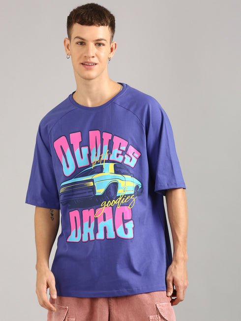 Royal Blue Oversized Printed Raglan T-shirt